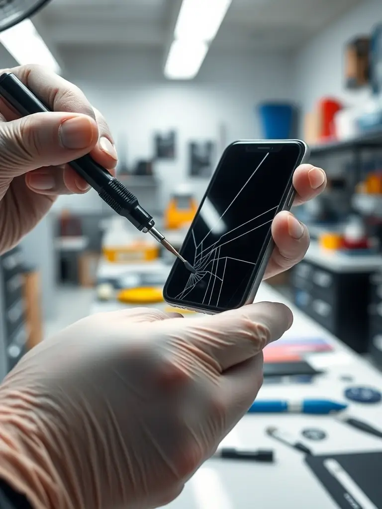 A close-up of a technician replacing a cracked smartphone screen with a new one, highlighting the meticulous process and quality parts used by TRUST DEV.