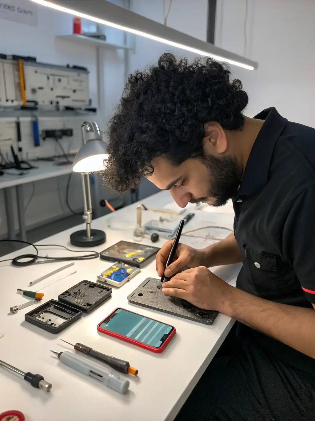 A variety of electronic gadgets such as smartwatches, tablets, and handheld gaming consoles being repaired by technicians at TRUST DEV, showcasing the wide range of devices they service.