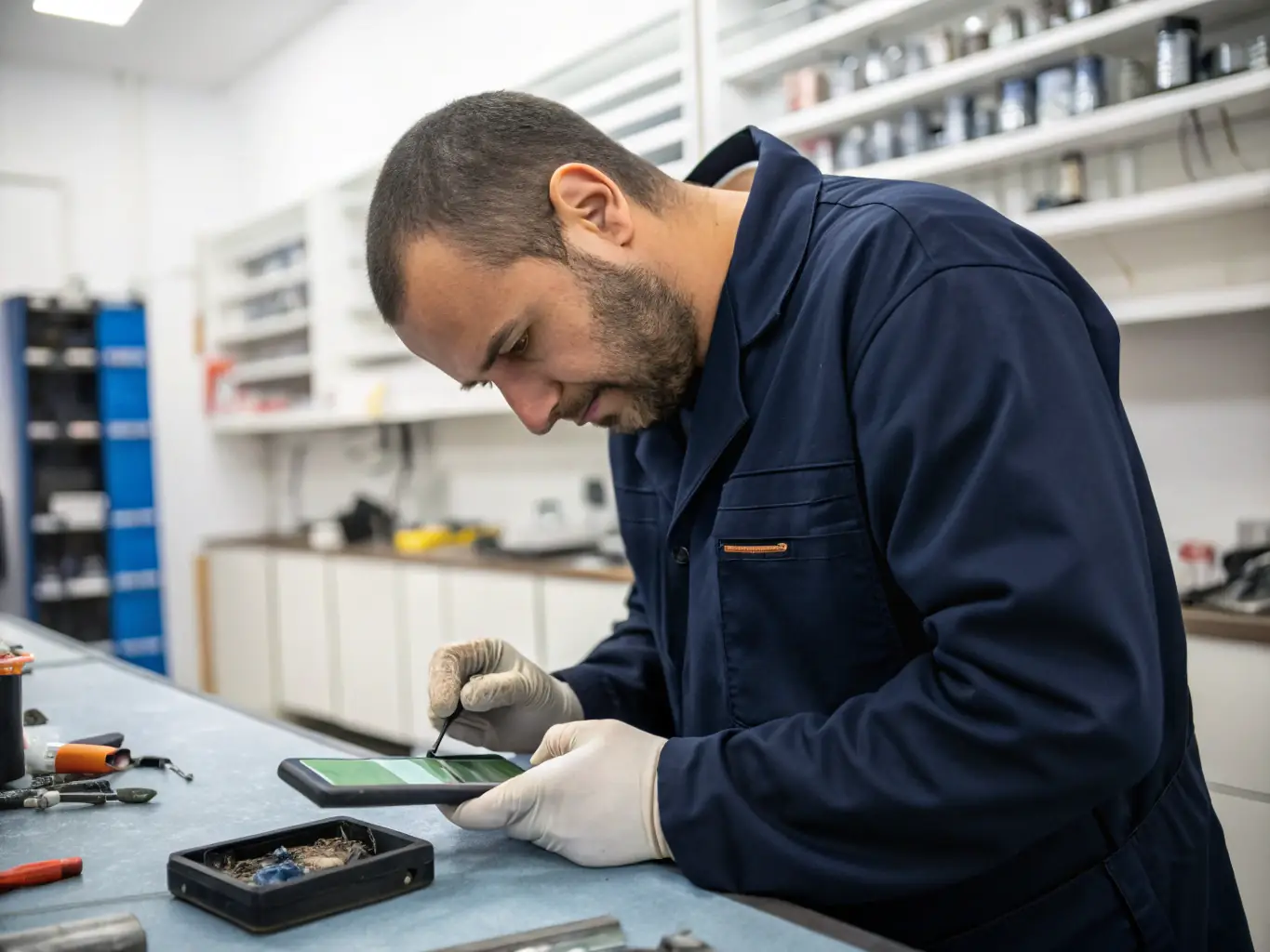 A technician carefully replacing a cracked smartphone screen with a new, high-quality display in a modern repair facility. The image highlights the precision and attention to detail involved in phone repairs.