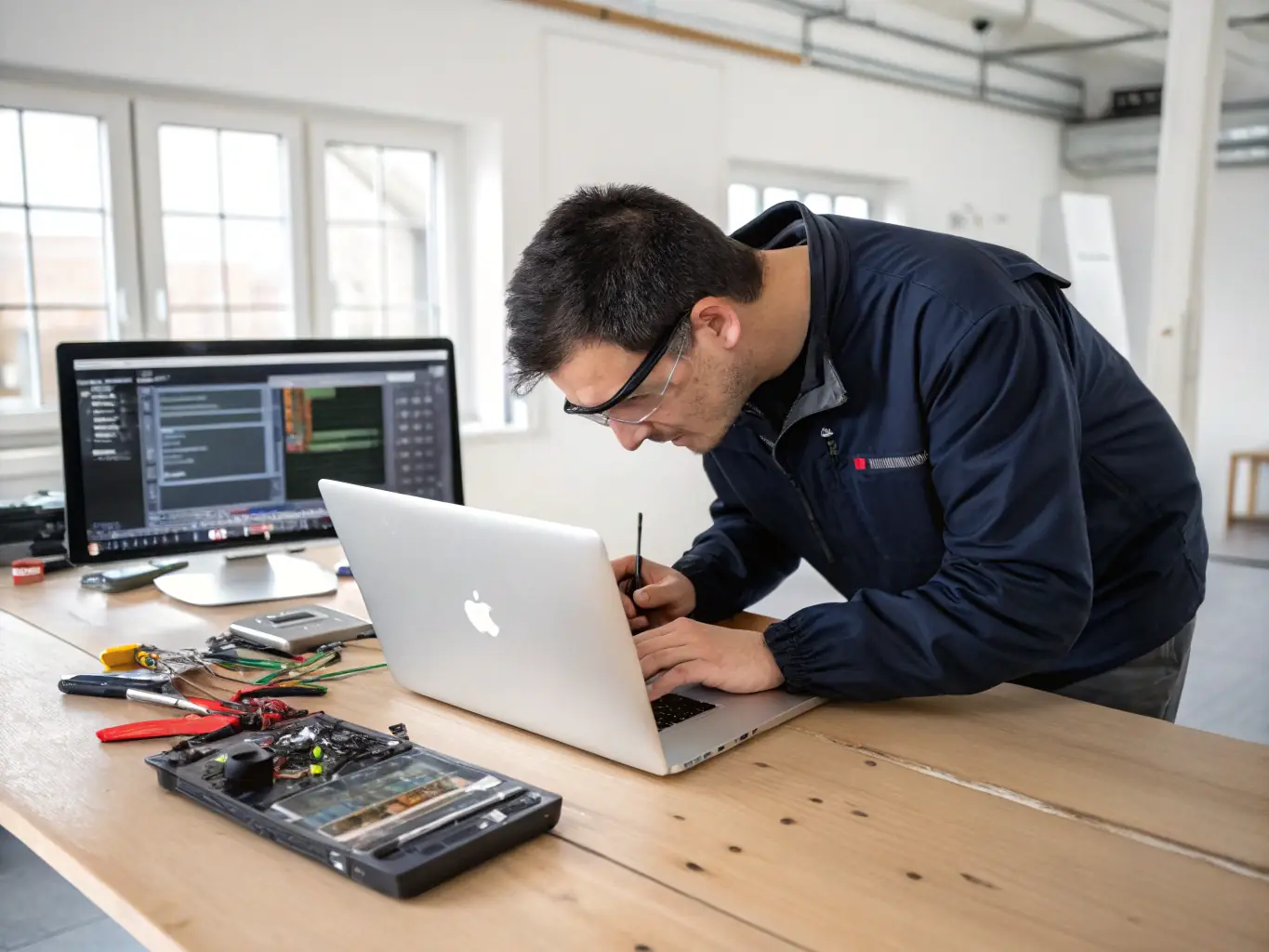 A technician diagnosing a desktop computer issue with diagnostic tools and software in a professional repair setting. The image emphasizes the technical expertise required for computer repairs.