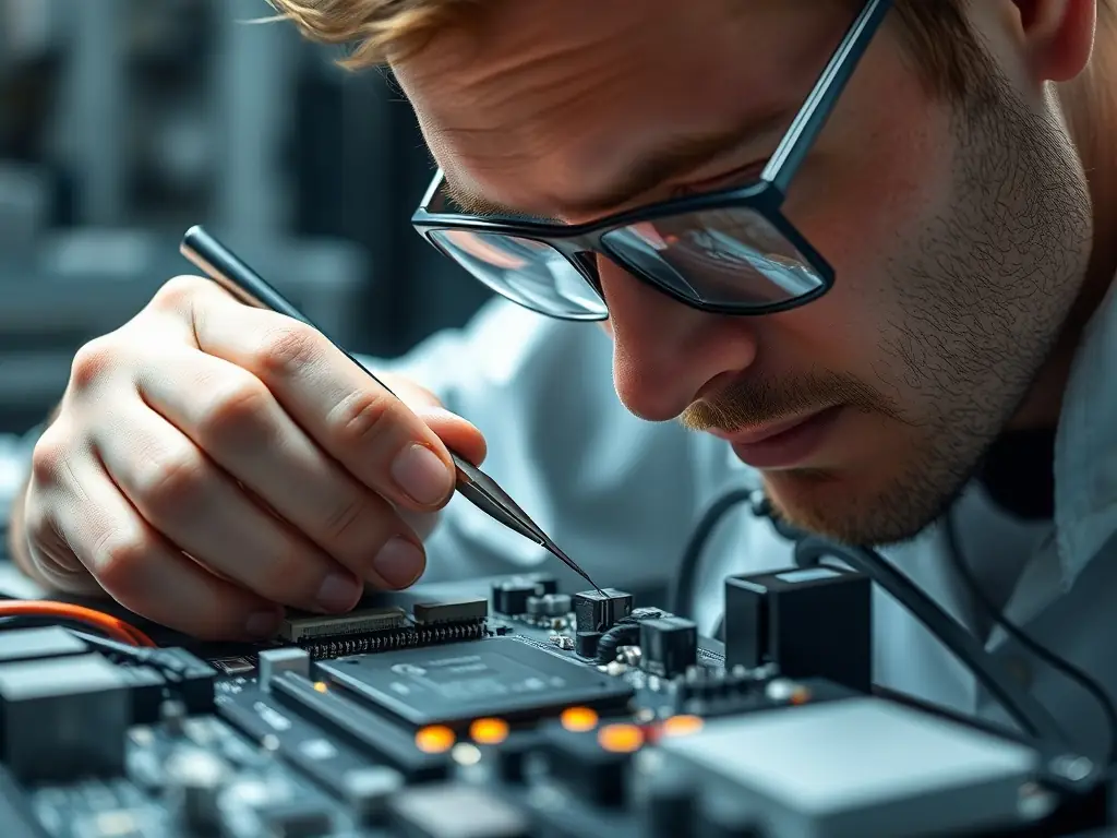 A close-up shot of a technician meticulously repairing a laptop motherboard with precision tools in a clean, well-lit repair shop environment. The focus is on the intricate details of the repair process, showcasing expertise and care.
