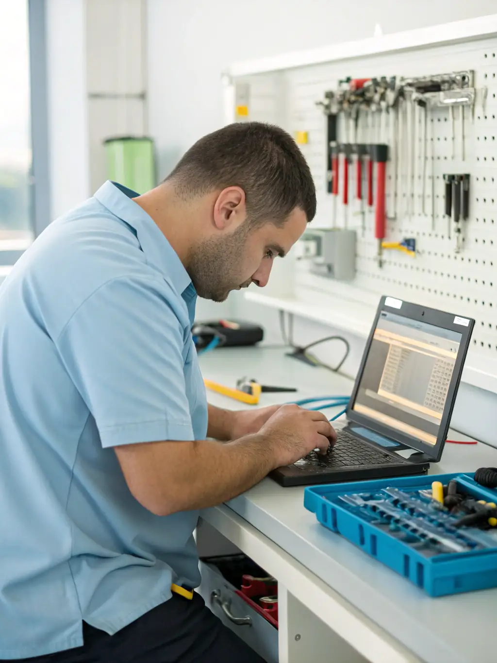 A technician diagnosing a desktop computer issue with diagnostic software, emphasizing TRUST DEV's expertise in computer hardware and software repairs.