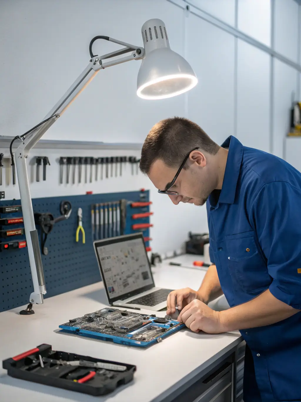 A technician expertly repairing a laptop motherboard with precision tools in a well-lit, modern repair shop setting, showcasing TRUST DEV's laptop repair services.